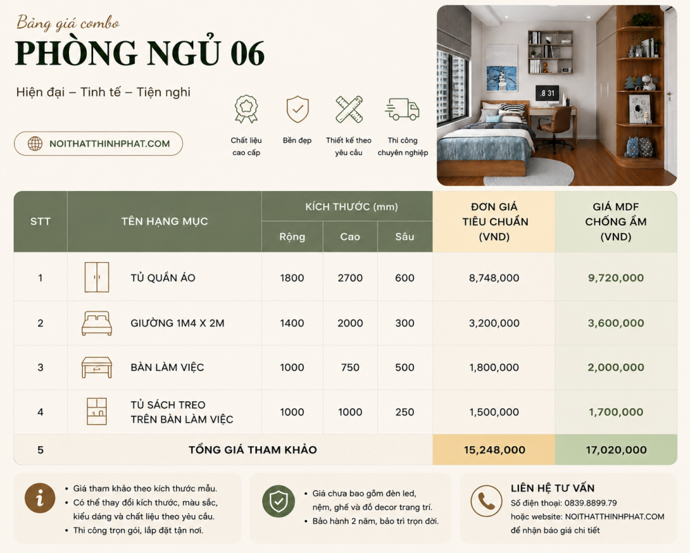 Combo Phòng Ngủ MDF Hiện Đại - Tủ Áo Cửa Lùa 2 Tầng Kết Hợp Kệ Trang Trí Bo Góc - PN06